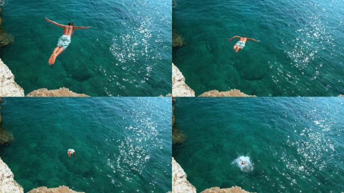 悬崖跳水慢镜头极限运动海边海洋海水