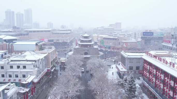 航拍酒泉鼓楼雪景