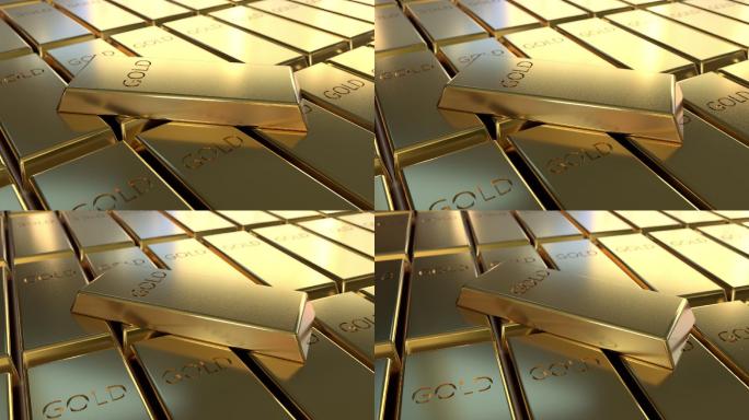 三维绘制的金锭3d动画金矿金块黄金理财