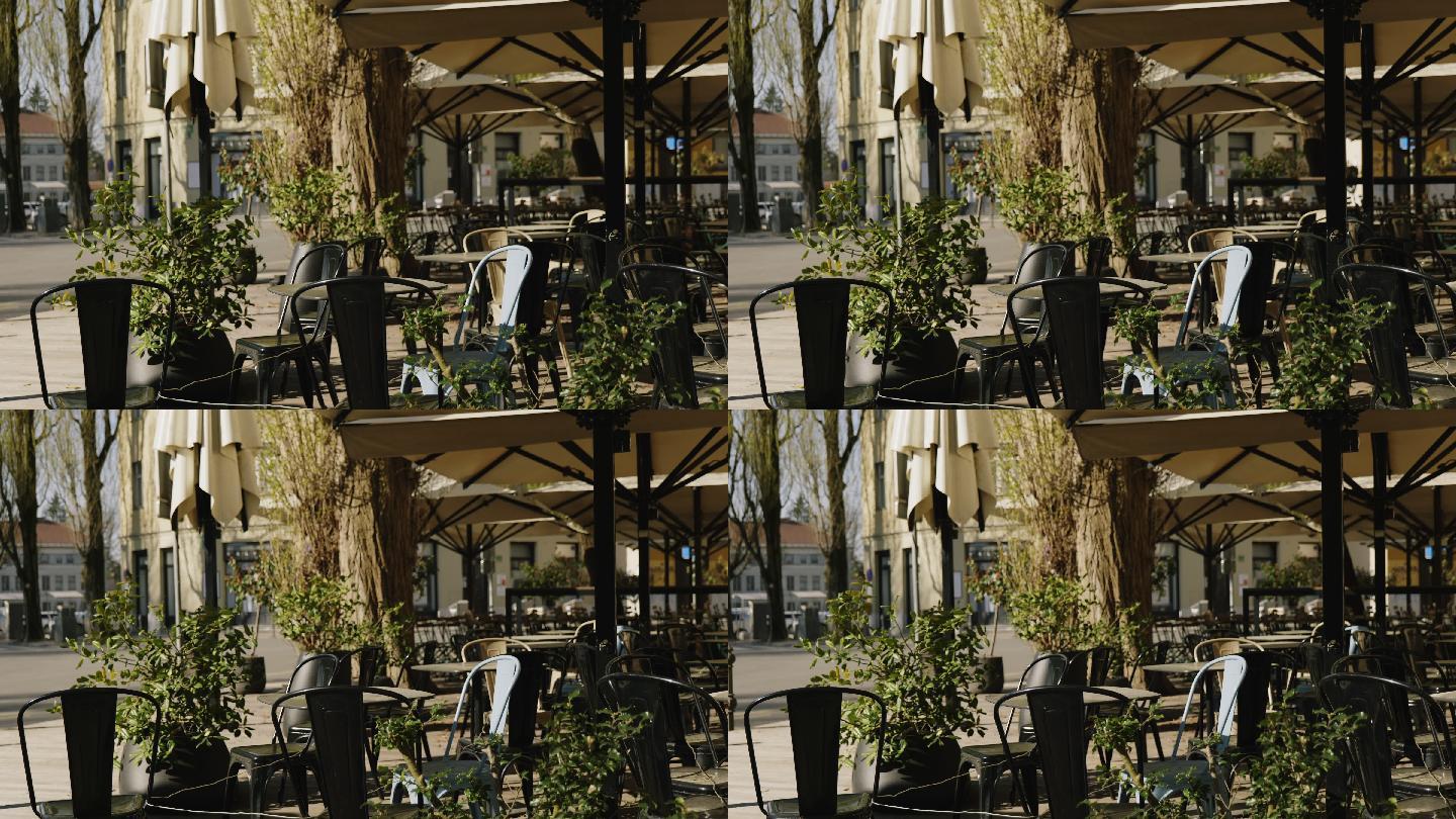 卢布尔雅那酒吧、餐厅空桌椅的特写镜头