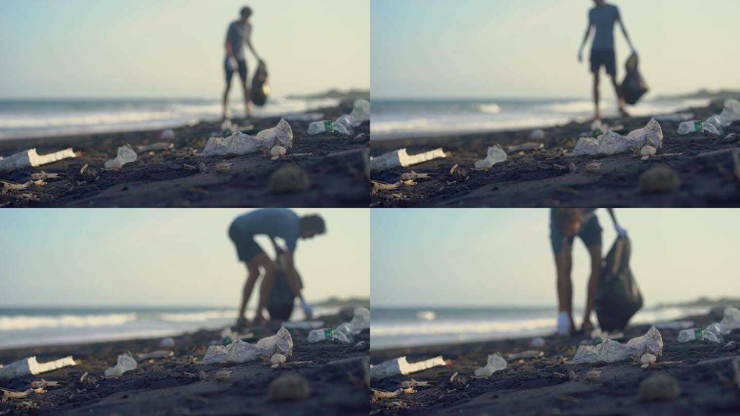 年轻人清理海滩垃圾