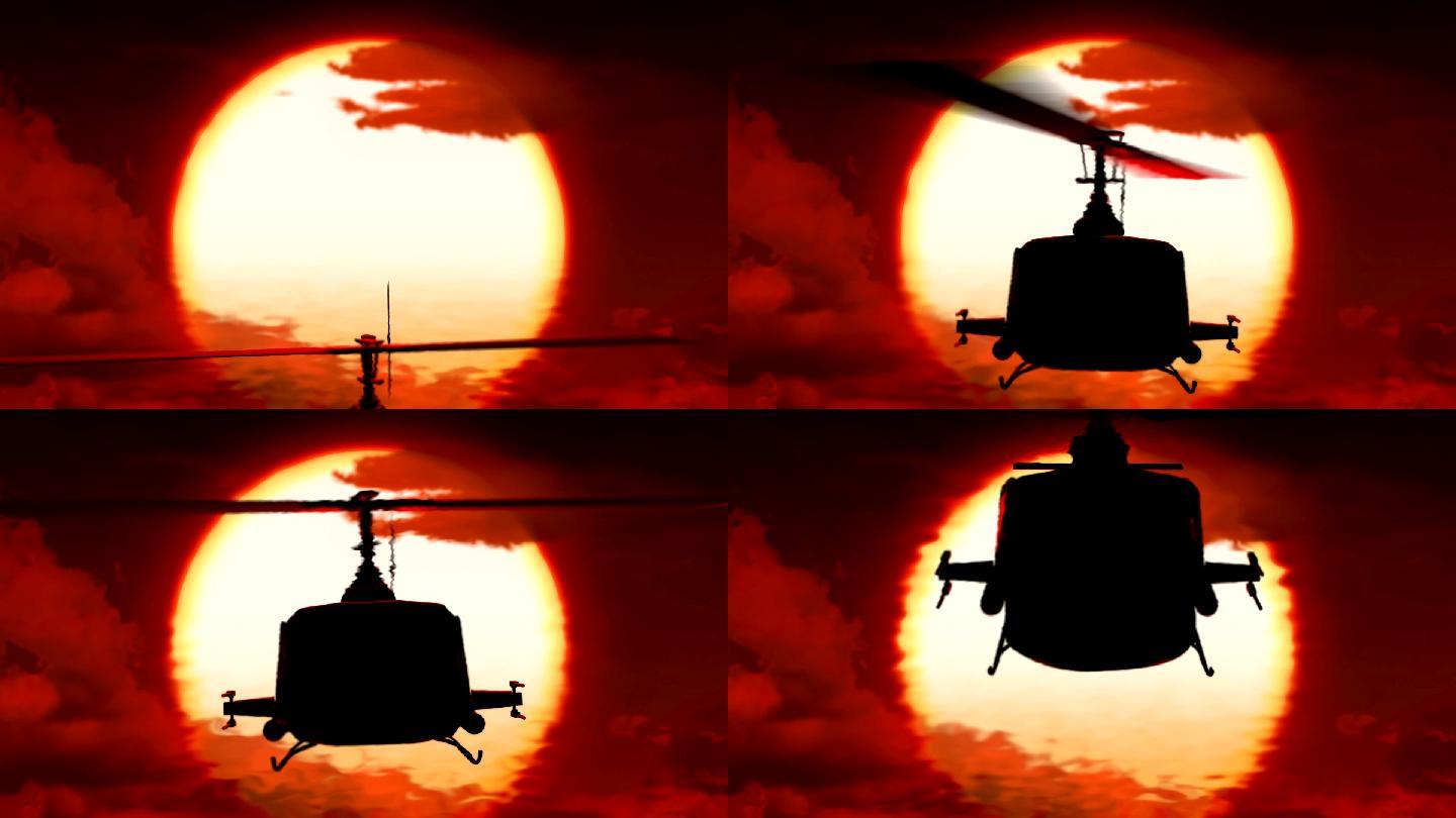 直升机在日落的背景上