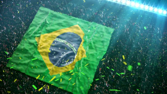 球迷们在体育场展示巴西的雄伟旗帜