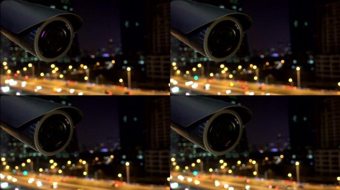 城市夜景的监控摄像机特写镜头