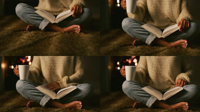 一位女士在家休息时看书喝咖啡