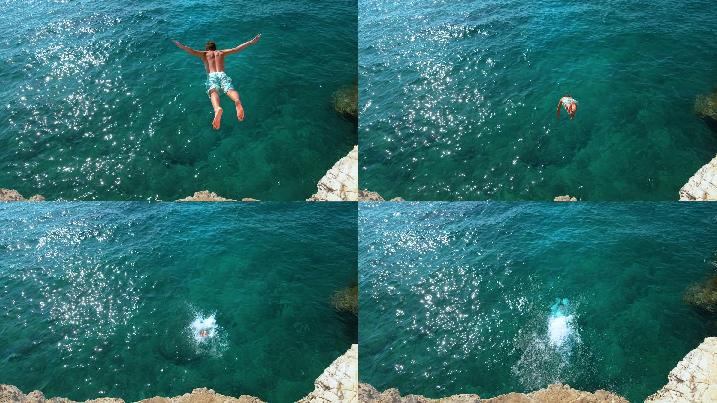 从岩石壁上跳下，进入蓝色海洋