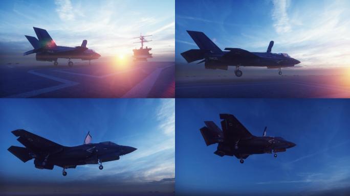 F-35战斗机在日出时从航空母舰垂直起飞