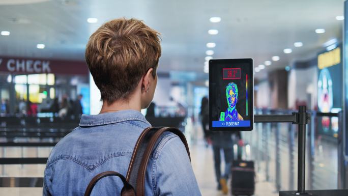 妇女在测量体温车站机场智能检测扫描人体
