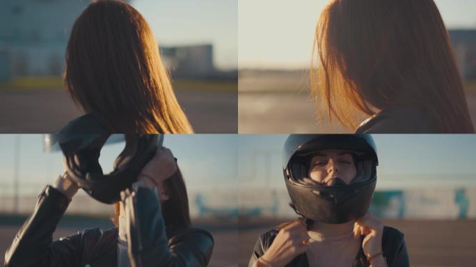 女人戴摩托车头盔青春活力年轻人健康生活方