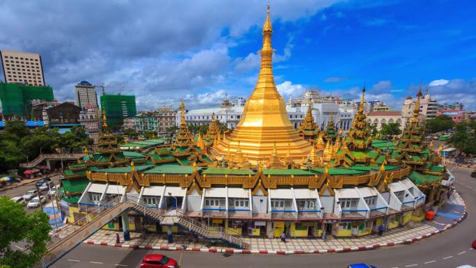 缅甸仰光市苏乐塔地标旅游景点4K延时
