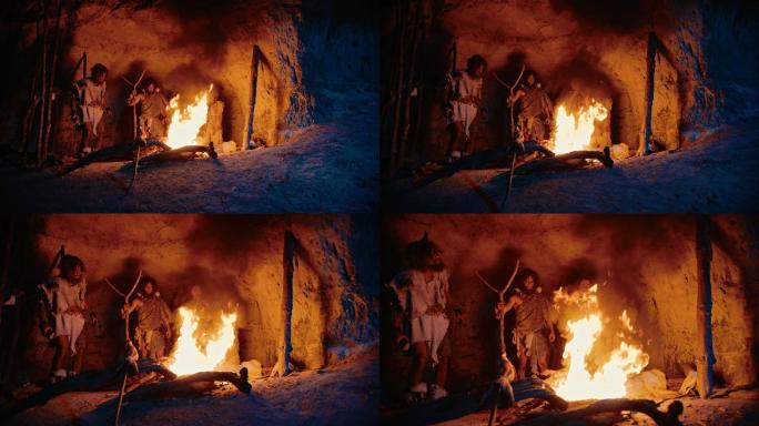 原始人家庭在火旁进行仪式