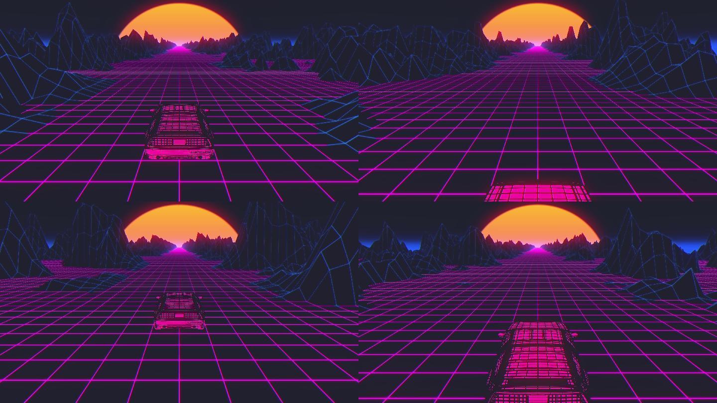 80年代风格的赛博朋克汽车在虚拟霓虹灯下行驶