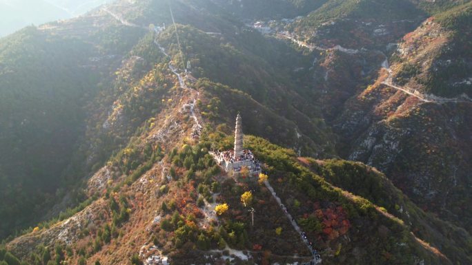 航拍山西太原崛围山红叶千年古塔