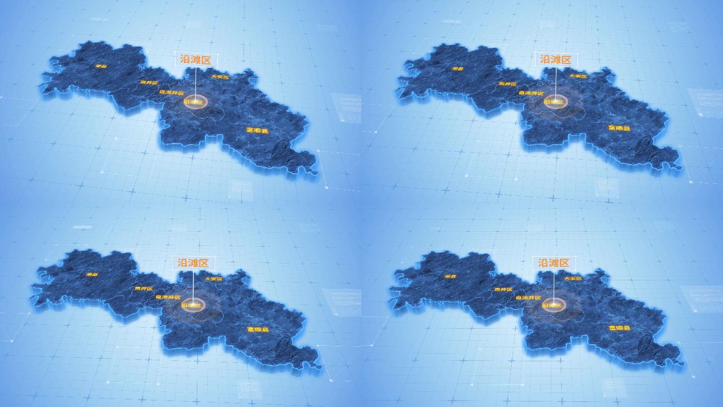 四川自贡沿滩区三维科技感地图