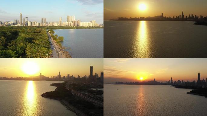 深圳湾、落日、晚霞、剪影、风景、航拍4k