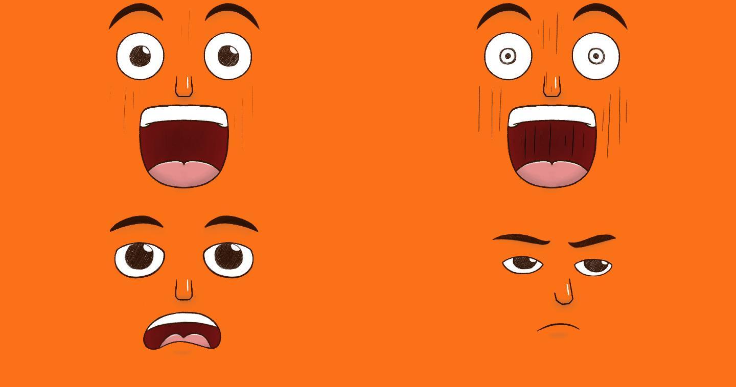 一张孤立在橙色背景上的惊讶脸的手绘动画