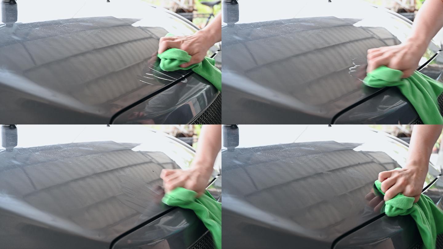 用抹布擦汽车实拍视频洗车擦车车辆清理