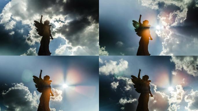 太阳从天使雕像后面移动，有大量的云层