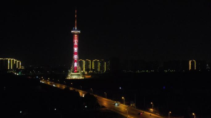 航拍周口地标建筑三川明珠塔夜景
