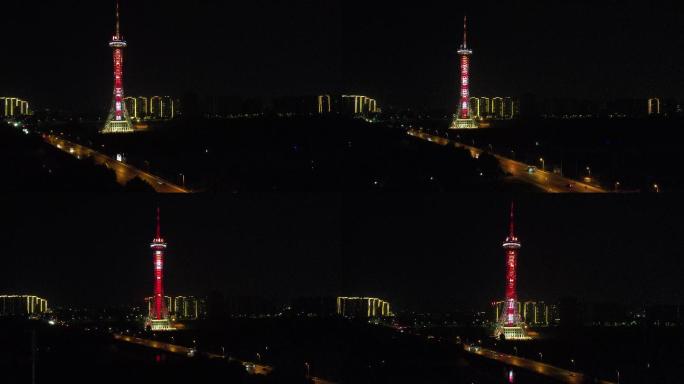 航拍周口地标建筑三川明珠塔夜景