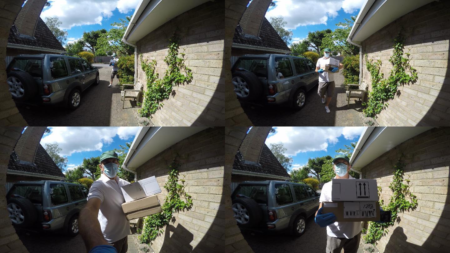 广角视角拍摄一名送货员到达一所房子。
