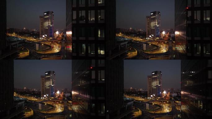 航拍建设中新城区夜景，上海新江湾城