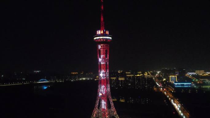 航拍周口城市地标广播电视塔夜景