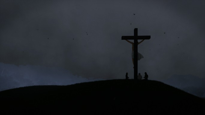 基督徒在耶稣十字架前祈祷