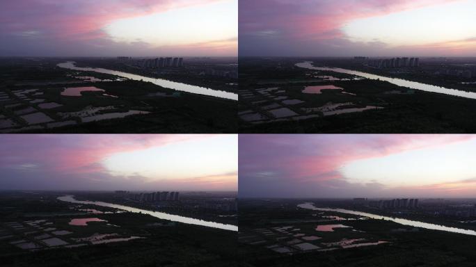西咸新区沣西新城渭河晚霞航拍4K渭河景观