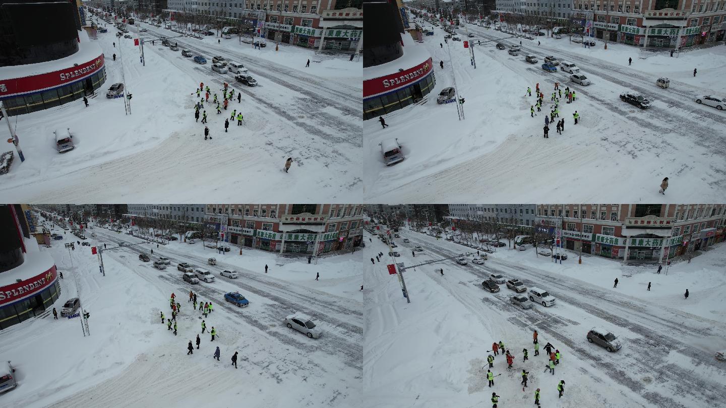 航拍环卫工人清雪   暴雪后的街道