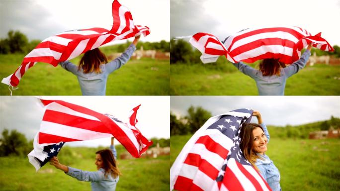 骄傲的美国女孩举着星条旗对着天空
