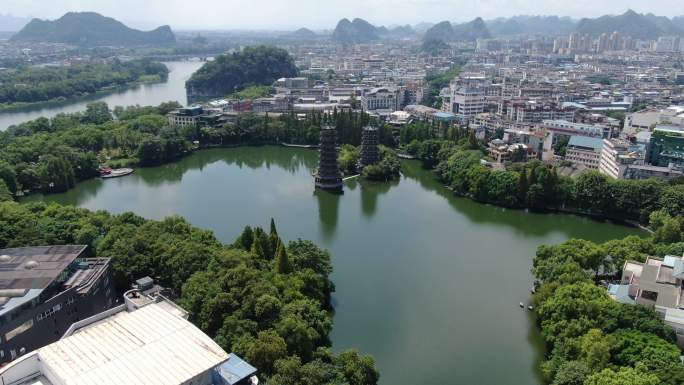 桂林日月双塔航拍4k原图视频