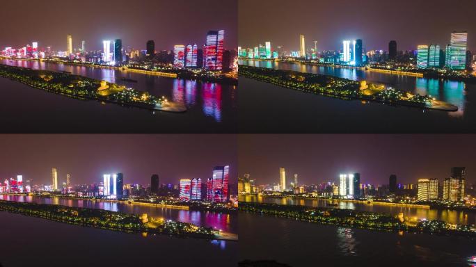 4K航拍延时长沙湘江橘子洲头城市夜景