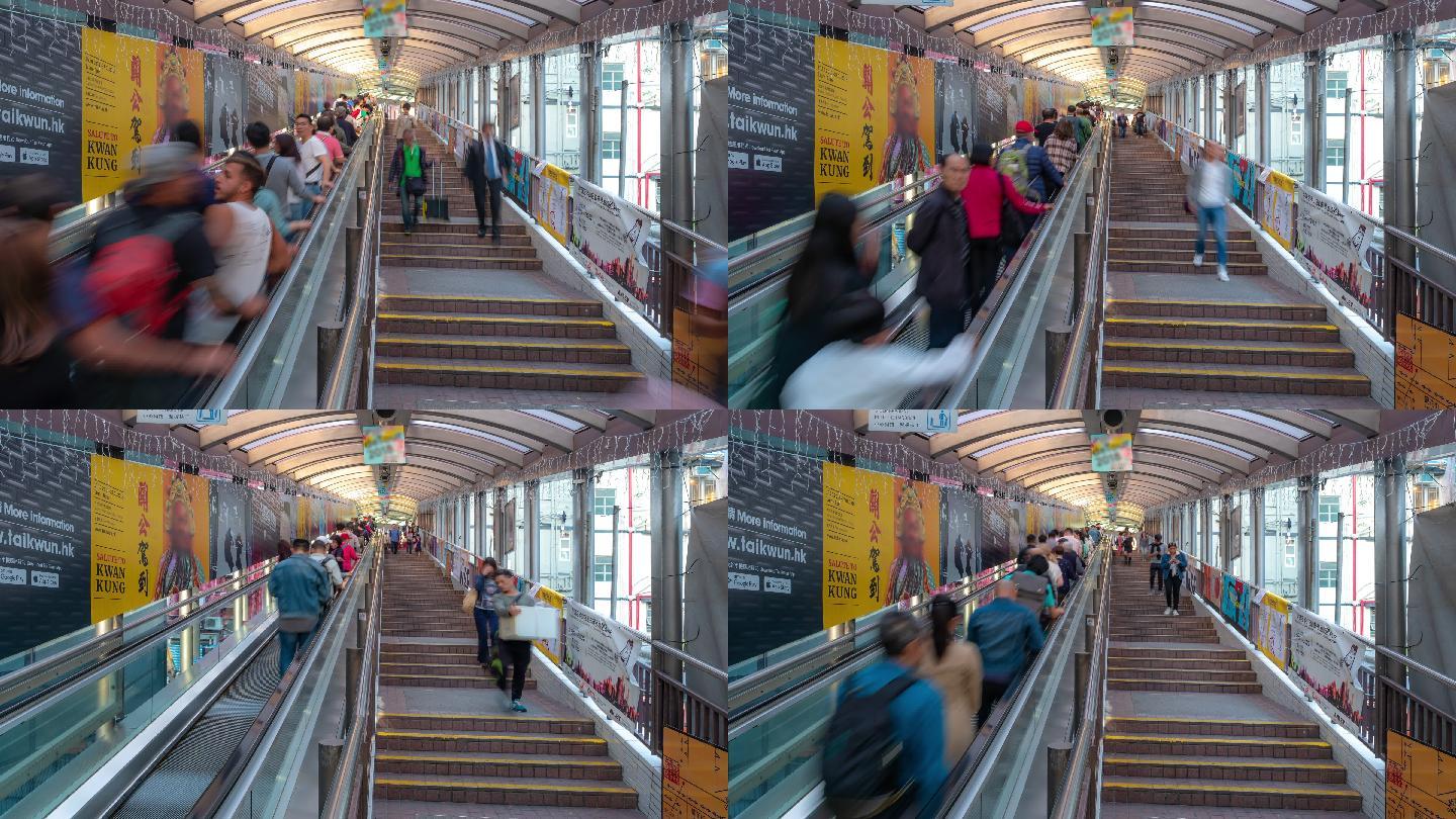 香港市中心的中层自动扶梯挤满了行人