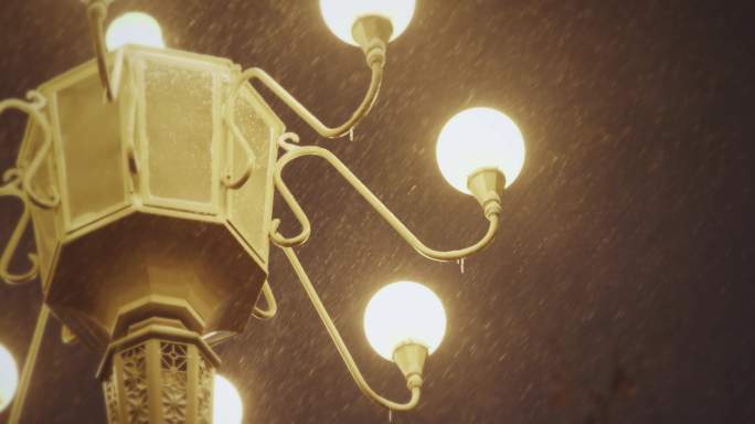 【8K正版素材】自然下雪雪花路灯近景仰拍