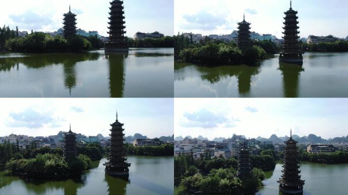 桂林日月双塔上升航拍4k原图视频