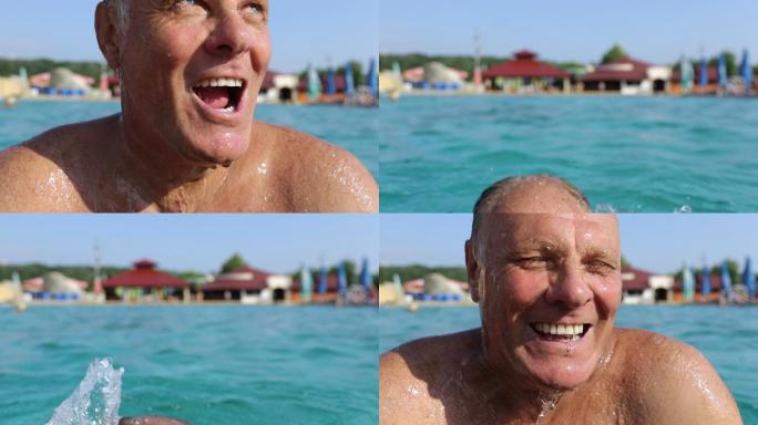 有趣的老年人在游泳池里做鬼脸