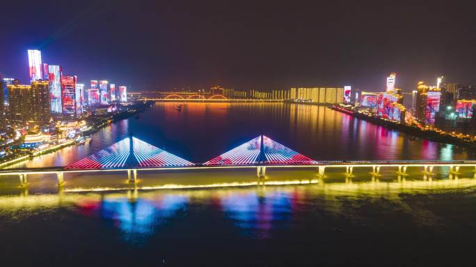 4K航拍延时长沙银盆岭大桥城市夜景
