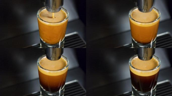 咖啡机上浓咖啡制作的特写镜头