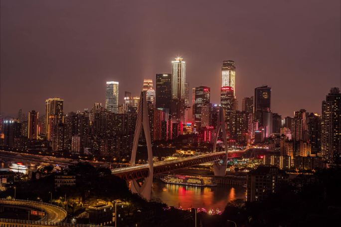 重庆市南山看渝中半岛东水门大桥夜景延时