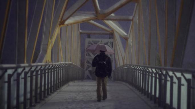 【8K正版素材】自然下雪雪花天桥行人