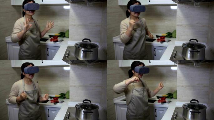 厨房中使用虚拟眼镜的女人