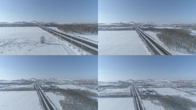 空镜航拍内蒙古北方雪景公路