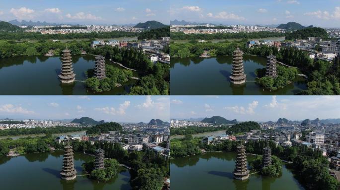 桂林日月双塔航拍4k原图实拍视频素材