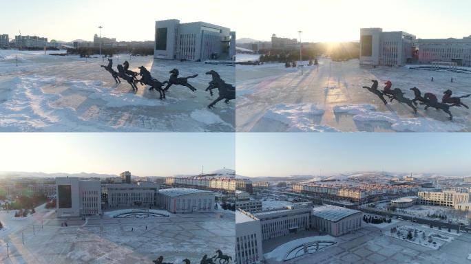 冬天冬季雪地航拍小镇城市雪山内蒙古空镜