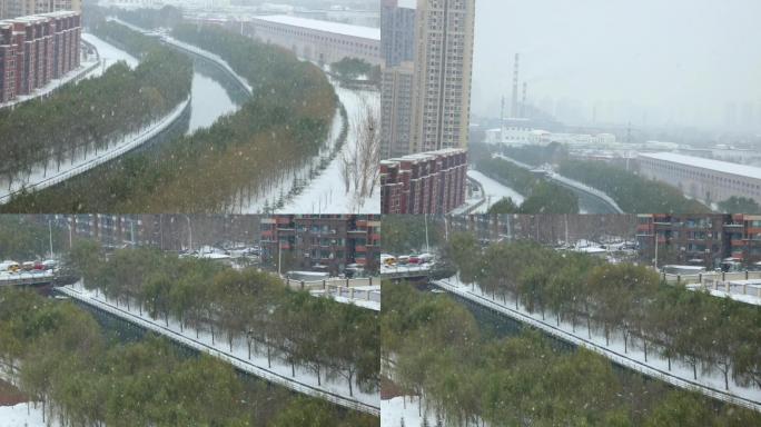 城市下雪天公园雪花园区下雪河边飘雪花冬天