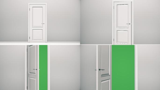 通向绿色屏幕的白色门-空房间