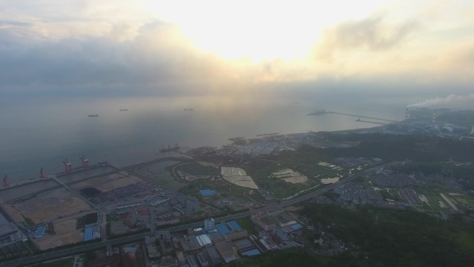 玉环大麦屿云雾日落港口码头大景