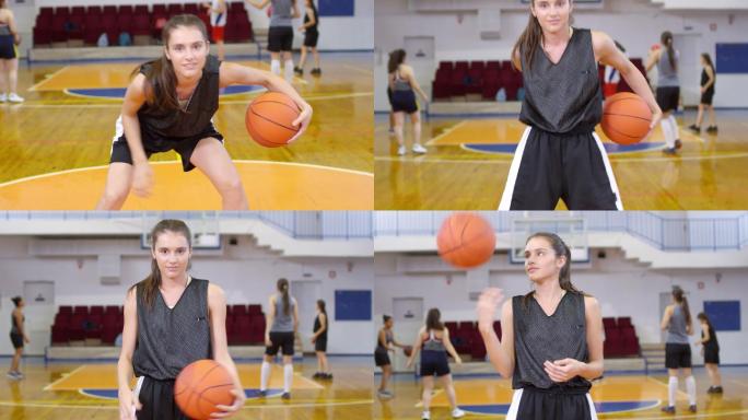 年轻漂亮的女运动员在镜头前表演篮球特技