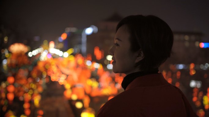 夜景女子跨年唯美夜景美女侧脸肖像中国新年
